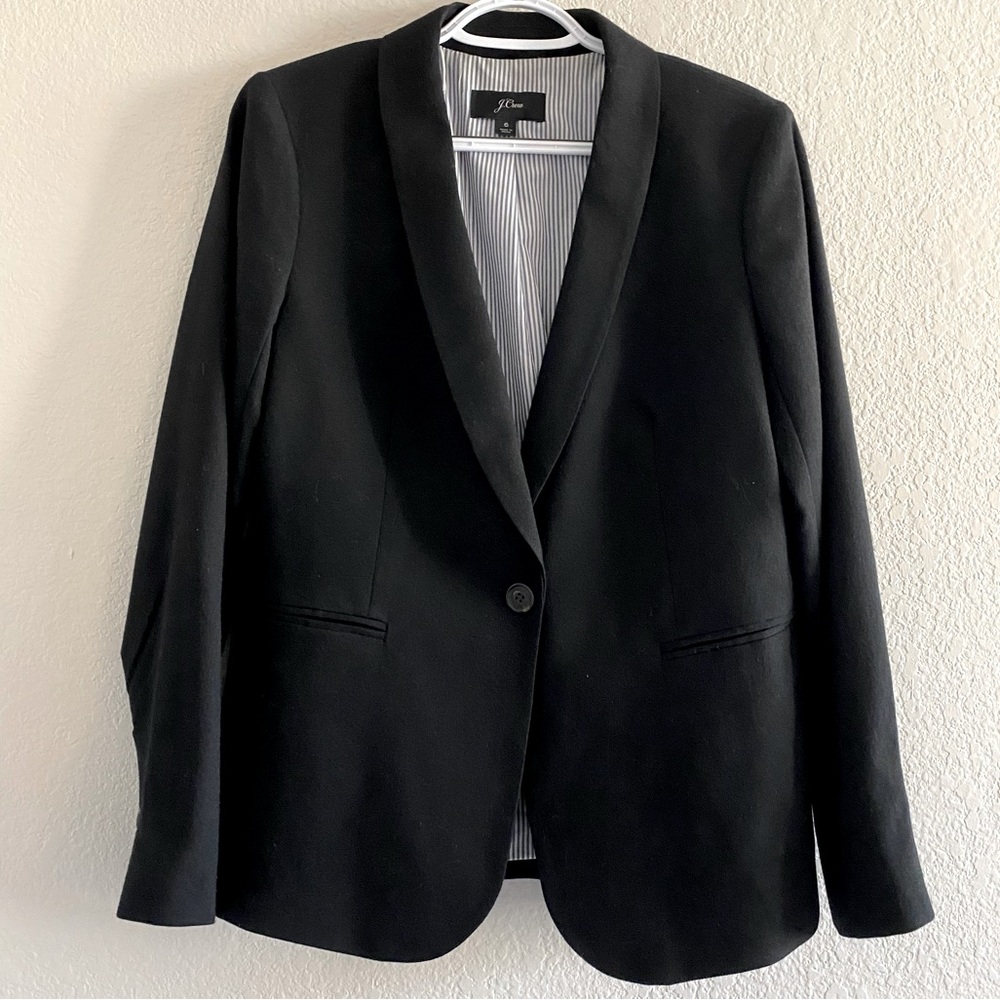 Women’s J. Crew classic black wool blazer jacket w/ striped lining size 6